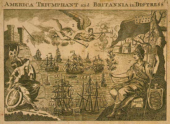 America holds up olive branch to French, Spanish and Dutch ships as Britannia weeps America holds up olive branch to French, Spanish and Dutch ships as Britannia weeps
