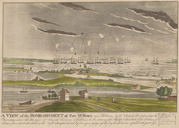 Illustration of British ships bombarding Fort McHenry Illustration of British ships bombarding Fort McHenry