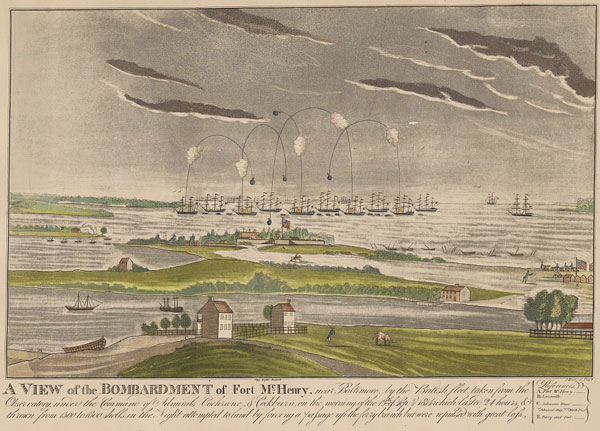 Illustration of British ships bombarding Fort McHenry