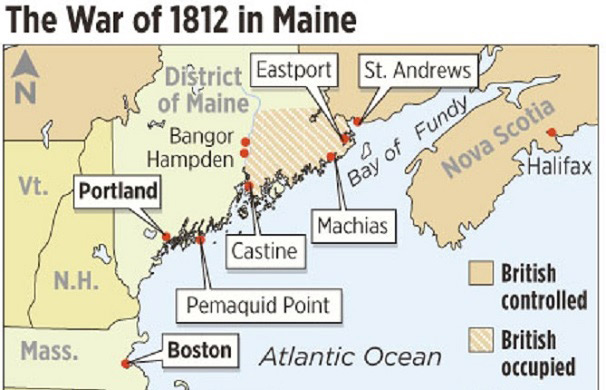 Color map of map with war of 1812 sites highlighted Color map of map with war of 1812 sites highlighted