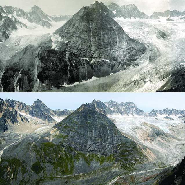 composite of a historic and modern image showing massive shrinkage of a glacier
