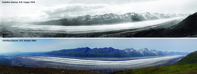 two images of a mountain landscape, a 1931 version and 2004 version