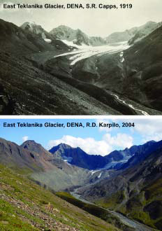 1919 photo of a glacier and 2004 photo of same mountain with no glacier visible