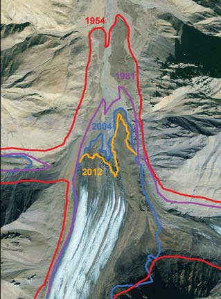 glacier with lines drawn to indicate its size in other years, all larger than the real size glacier with lines drawn to indicate its size in other years, all larger than the real size