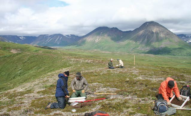 people on a tree-less ridge looking at the ground people on a tree-less ridge looking at the ground