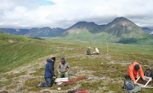 people on a tree-less ridge looking at the ground