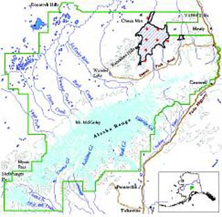 a low-quality map of denali with an area marked out for attention a low-quality map of denali with an area marked out for attention