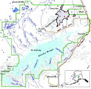 a low-quality map of denali with an area marked out for attention