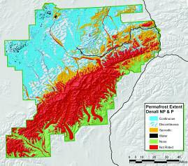 small map illustrating where the alaska range and permafrost soils are in denali