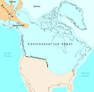 map of north america with colored zone to show glacial extent in the ice age