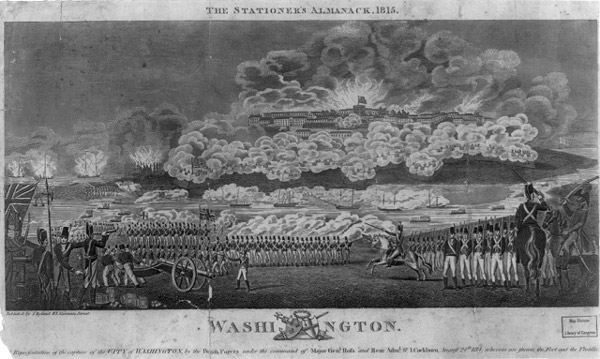 British troops watch in foreground as city of Washington burns in background