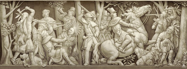 man on horse back killing American Indian with battle scene around them man on horse back killing American Indian with battle scene around them