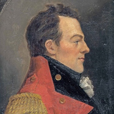 A profile painting of General Isaac Brock, in a red coat and gold epaulets. 