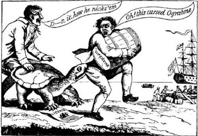 A cartoon depicting a merchant, carrying a barrel, being bitten on the backside by a turtle.