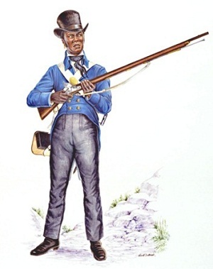 A painting of a black soldier in a top hat and blue coat, holding a musket.