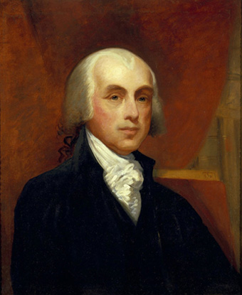 Portrait of James Madison with powdered white hair, black coat and ruffled necktie