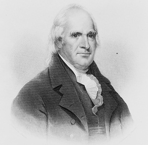 Portrait of George Clinton, older man with white hair wearing dark suit
