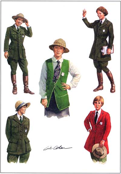 five color drawings of women in various mis-matched uniforms