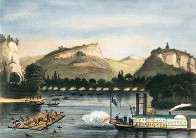 Image of the Battle of Bad Axe, with Whites on steamboat and Indians on a raft