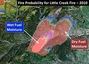 satellite map with colorful overlays indicating relative moisture of wood