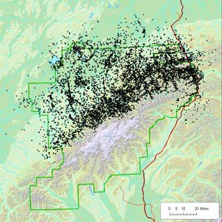 map of denali with tons of black dots, mainly along the crest of the alaska range