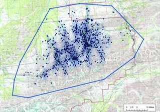 topo map of Denali with numerous blue dots indicating the wide spread of a specific pack 