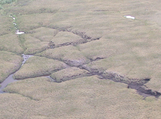 aerial view of a tree-less landscape marked by jagged depressions aerial view of a tree-less landscape marked by jagged depressions