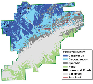 map of denali with blue shading in northwest and green in the southeast part of the map map of denali with blue shading in northwest and green in the southeast part of the map