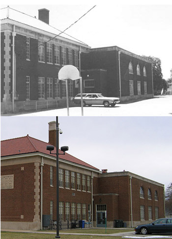 Two images compare the brick school building during different times. Two images compare the brick school building during different times.