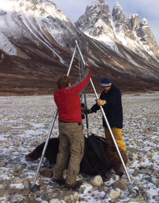 two people weighing a bear on a tripod scale, mountains in the background
