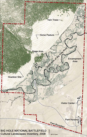 A site plan of the landscape shows the boundaries, terrain, and significant locations.