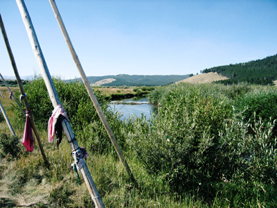 Sun-bleached wooden posts mark an encampment site near a willow-flanked river.