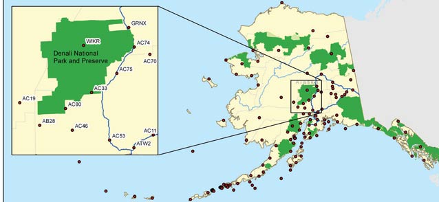 map of alaska with map of denali inset; dots all over indicate locations of GPS stations