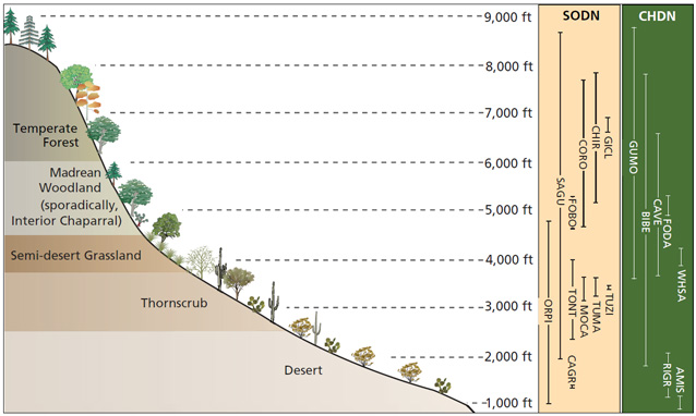 Biomes of the Sonoran Desert and Chihuahuan Desert networks. See table above for park acronyms. Biomes of the Sonoran Desert and Chihuahuan Desert networks. See table above for park acronyms.