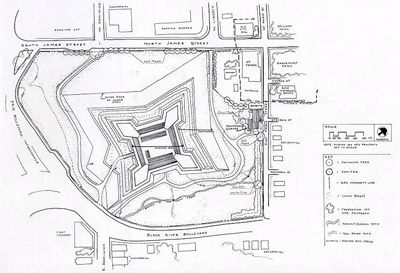 A site plan shows the arrangement of features in the cultural landscape. A site plan shows the arrangement of features in the cultural landscape.