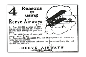 a business card reading "4 reasons for using Reeve Airways" with indecipherable text beneath