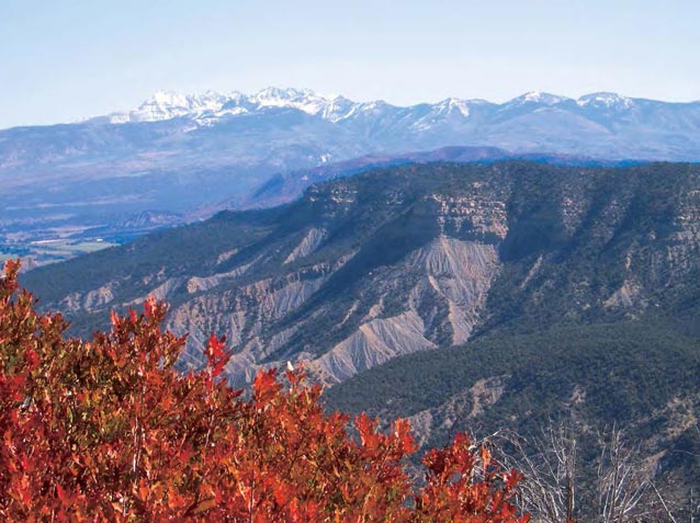 Mesa Verde National Park with La Plata Mountains in the background.