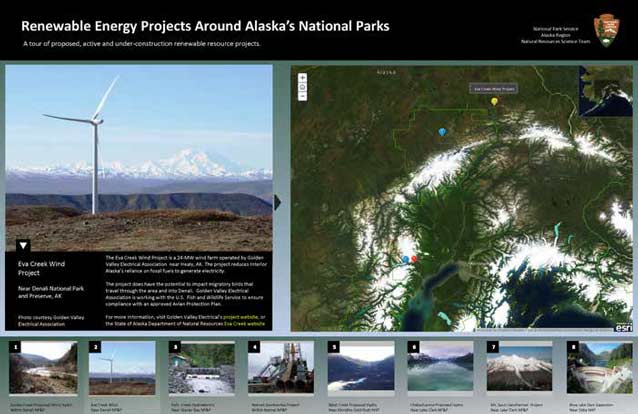 Screenshot of a picture of a wind turbine on a ridge next to an inset map of alaska