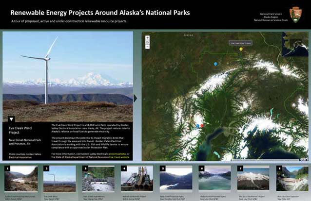 Screenshot of a picture of a wind turbine on a ridge next to an inset map of alaska Screenshot of a picture of a wind turbine on a ridge next to an inset map of alaska