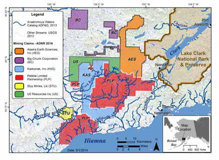 a map of southwest alaska with numerous colorful markings