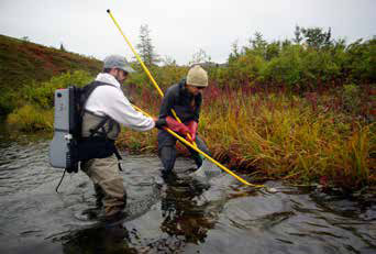 two people in a shallow creek or pond two people in a shallow creek or pond