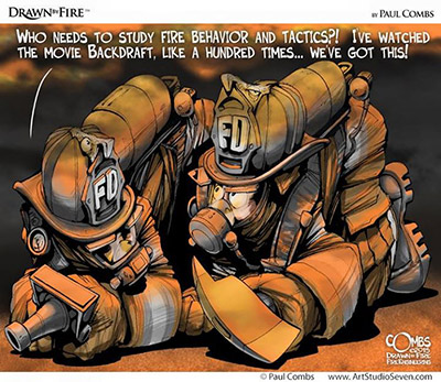 Cartoon of two firefighters talking while on the ground beneath a smoke layer.