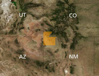 Map of Colorado and New Mexico counties where Mancos milkvetch occurs. Map of Colorado and New Mexico counties where Mancos milkvetch occurs.