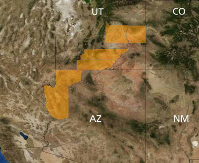 Map of counties in Arizona and Utah where Jones cycladenia occurs.
