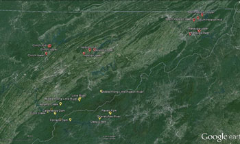 A map showing the sites sampled for didymo in eastern Tennessee. A map showing the sites sampled for didymo in eastern Tennessee.