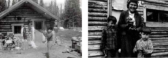 composite of two images; one of a log cabin, other of two kids and an adult composite of two images; one of a log cabin, other of two kids and an adult