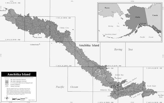 black and white map of a long, skinny island with inset map of alaska