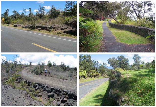 Four views of the area surrounding the Crater Rim Drive show a range of vegetation and topography. Four views of the area surrounding the Crater Rim Drive show a range of vegetation and topography.