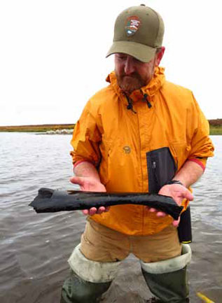 Man in a shallow lake holding a fossil Man in a shallow lake holding a fossil
