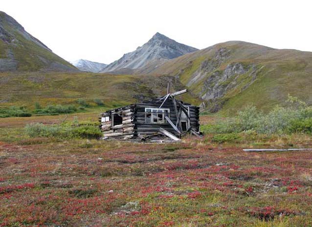 dilapidated log cabin in a mountain setting